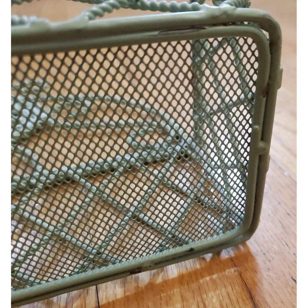 Vintage Shabby Chic Green Metal Wire Wall Pocket Basket Scrollwork Planter Mail